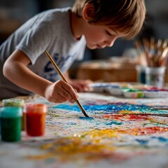 Naklejka premium A Young Artist's Focus: Boy Painting with Vibrant Colors on a Large Canvas, Immersed in Creative Expression and Artistic Exploration.