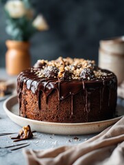 Decadent chocolate cake with walnuts and ganache on rustic plate.