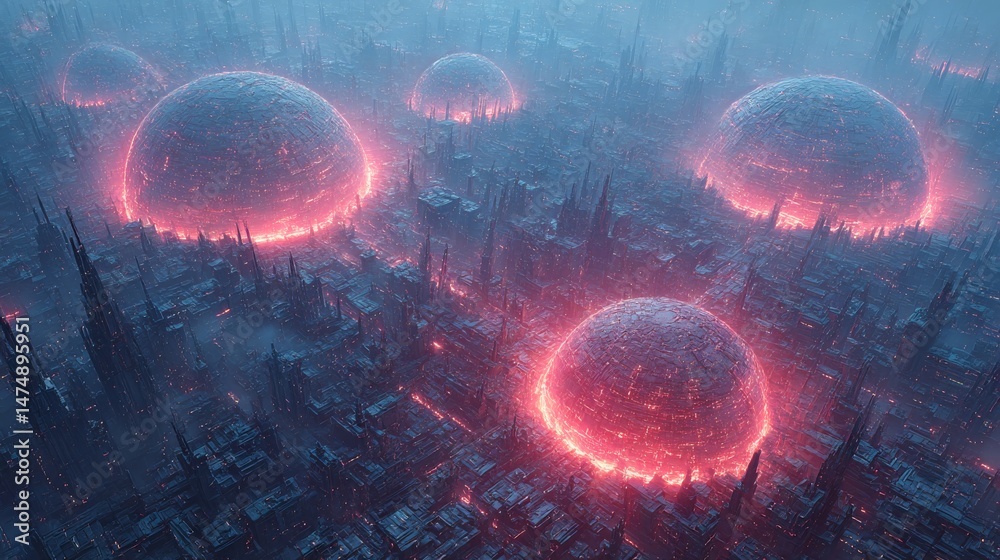 Poster Celestial Spheres Over Metropolis: Glowing orbs hover above a futuristic cityscape, radiating light and mystery in a high-tech, artistic landscape.