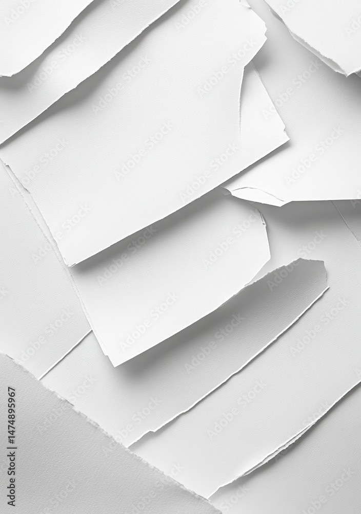 Poster torn white papers overlapping, creating a textured abstract pattern. close-up view showcasing the ir
