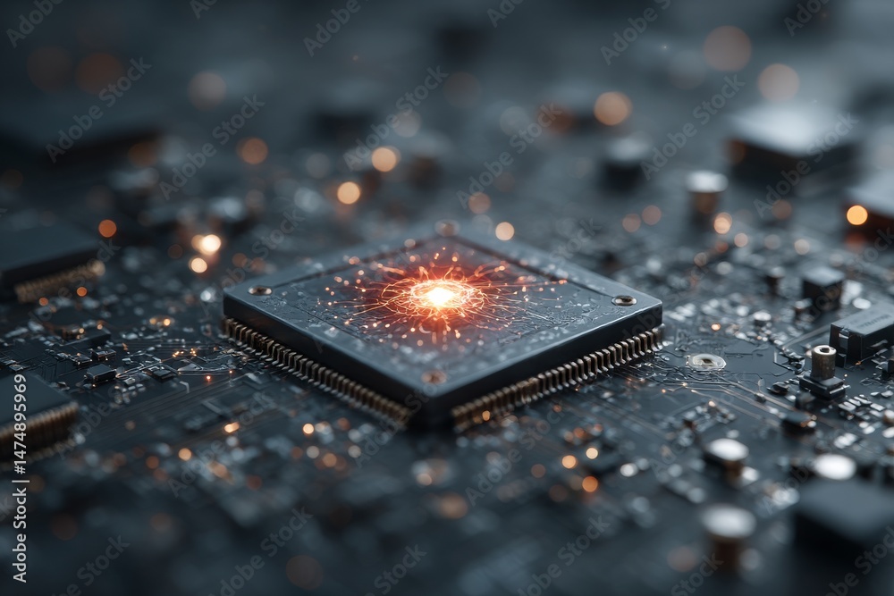Aufkleber central processing unit with glowing center on motherboard macro shot depicting high technology and 