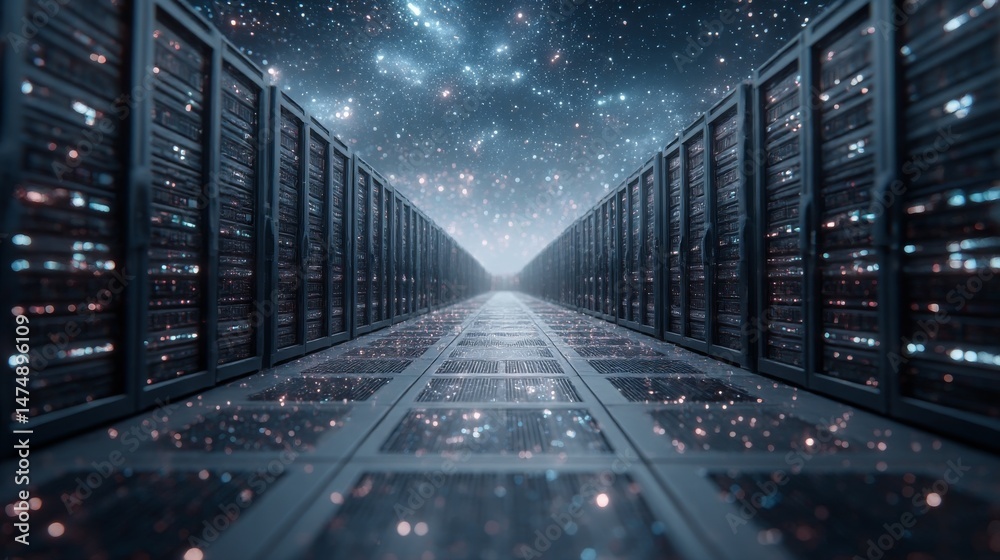 Poster cosmic data center: a journey through the digital universe, server racks under a starry sky, innovat