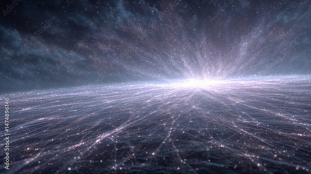 Poster cosmic network: radiant light streaks across the horizon of a digital universe with clouds of stars