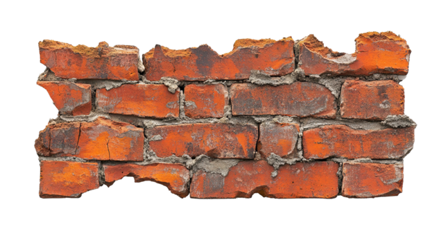 cracked red brick wall isolated on white transparent background