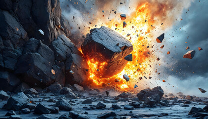 Fototapeta premium an explosion of the stones with particles and fire