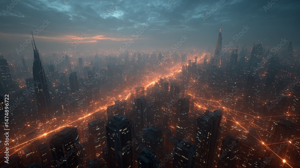 Poster cyberpunk metropolis at dusk: a futuristic cityscape ablaze with networked light