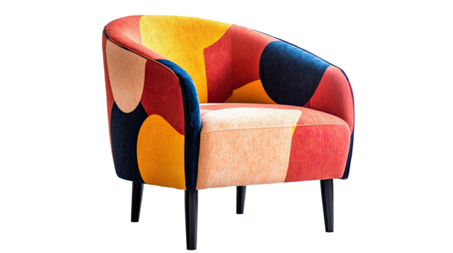 Modern colorful patchwork armchair with geometric fabric pattern on black legs isolated on white transparent background