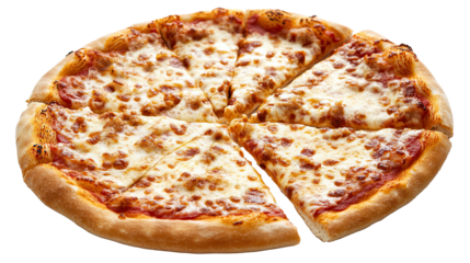 Whole cheese pizza with one slice cut and pulled away isolated on white transparent background