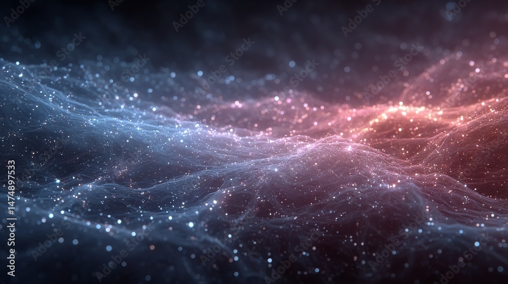 Poster ethereal landscape: a mesmerizing abstract art piece featuring glittering light particles on a dynam