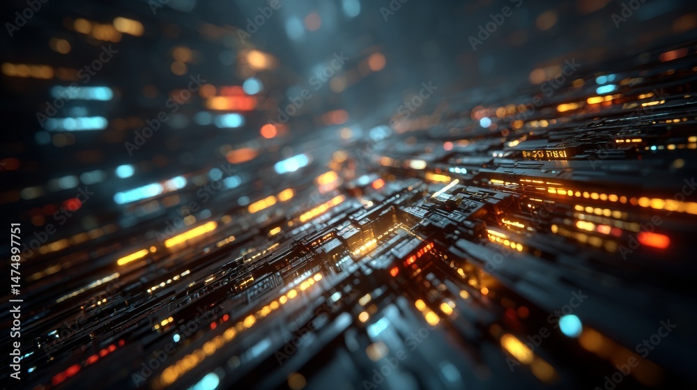 Poster Futuristic Data Stream: An Abstract Representation of High-Tech Connectivity with Vibrant Light Trails and Complex Structures