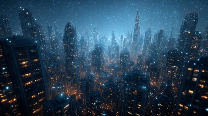 Obraz premium Futuristic Metropolis: A Densely Packed Cityscape Glowing Under a Starry Sky, Showcasing the Interconnectedness of Urban Life
