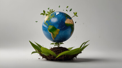 A human hand gently cradles a miniature Earth with lush greenery sprouting from its surface symbolizing life nature and environmental care for the planet with grey background ai.

