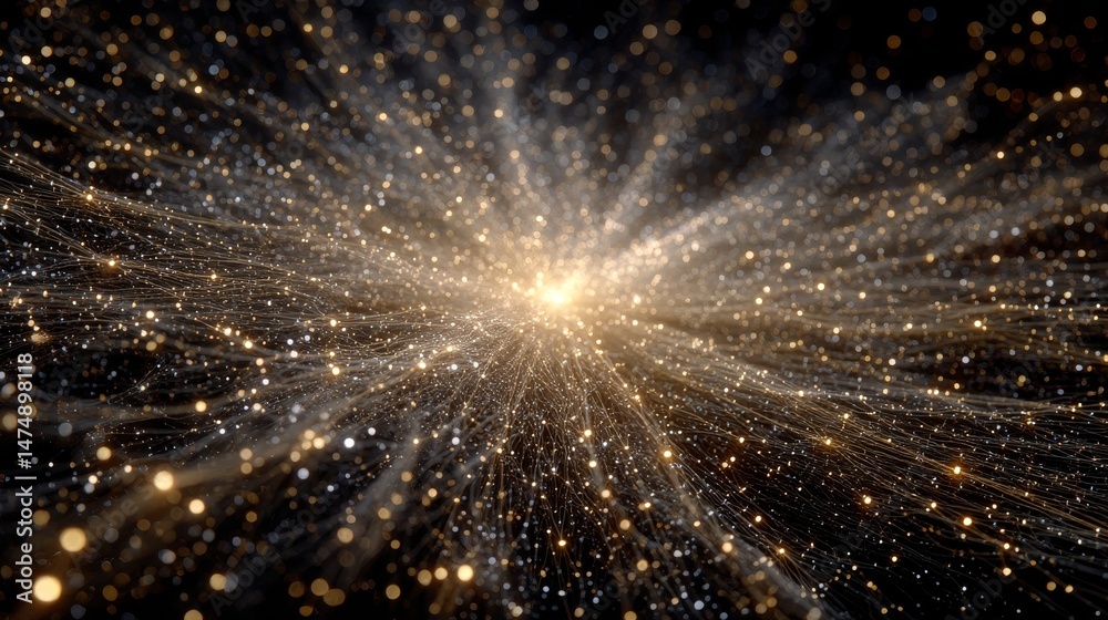 Poster Golden Light Burst: An Abstract Network of Illuminated Particles and Flowing Lines in the Dark Depths of Space