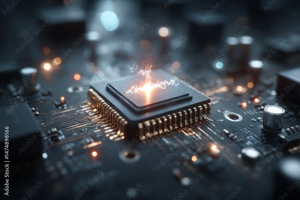 Poster high-detail image of a circuit board with a glowing central processor and bokeh lighting in the back