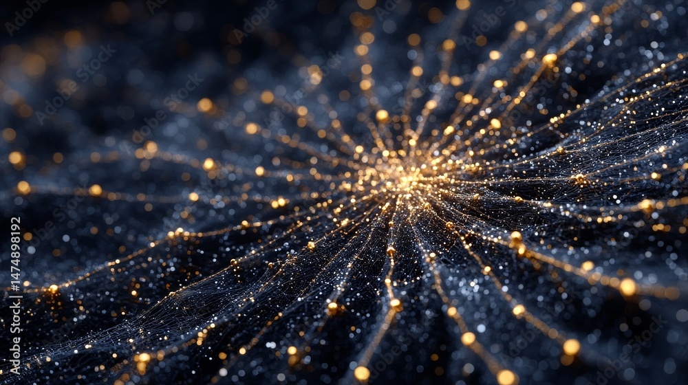 Aufkleber Golden Network of Light:  A mesmerizing abstract depiction of interconnected nodes and shimmering pathways against a dark backdrop.