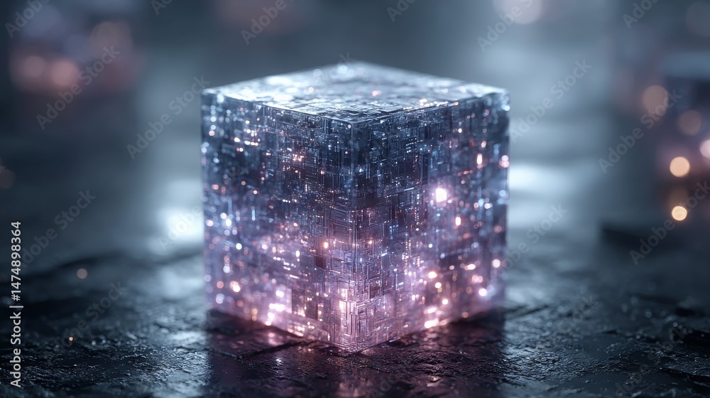 Aufkleber Illuminated Abstract Cube: A Captivating 3D Render with Intricate Details and Mesmerizing Glowing Lights, Standing on a Dark Surface.