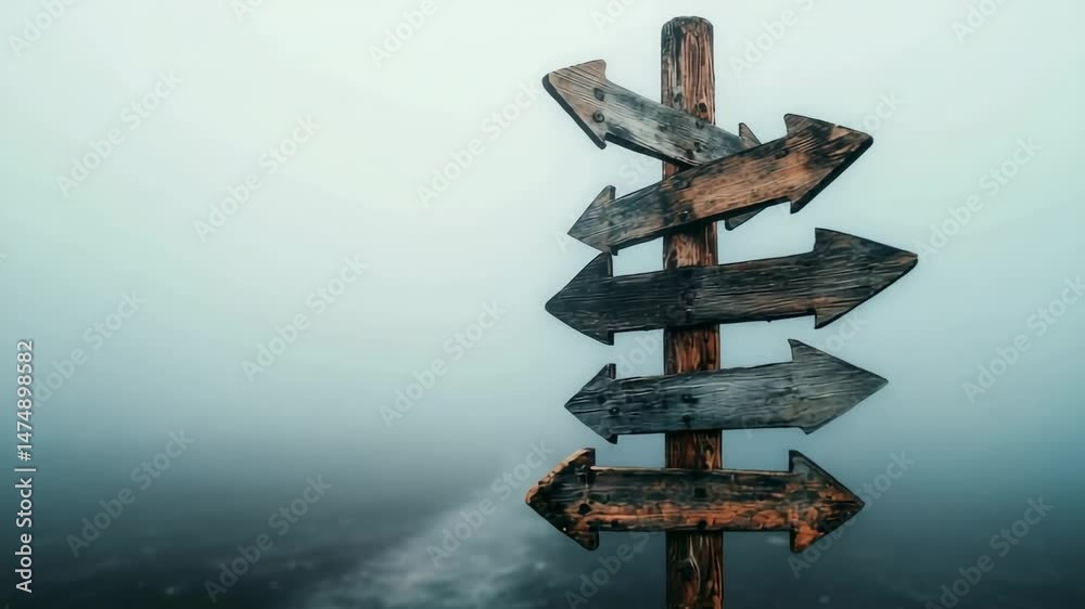 Poster Multiple arrows on a wooden signpost point in various directions, symbolizing choices, decisions, and the uncertainty of the path ahead in foggy conditions