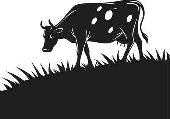 Vector silhouette of the cow. Farm animal on the grass of the pasture.