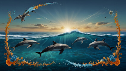 A lively dolphin leaps from shimmering ocean waves beneath a radiant sun and scattered clouds capturing the vibrant energy and beauty of marine wildlife in motion ai.

