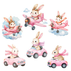Cute watercolor bunny flying, Bunny on a plane, bunny on a car - vector illustrations for Babyshower, for girls