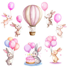 9 Watercolor bunny holding a pink balloon, Bunny holding balloons, bunny with cake, bunny on air flies on air balloon - vector illustrations for Babyshower for girls, for birthday
