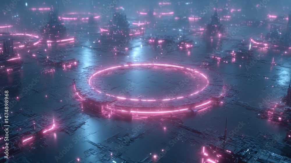 Aufkleber neon circuitscape: a futuristic cityscape with glowing rings and intricate digital architecture