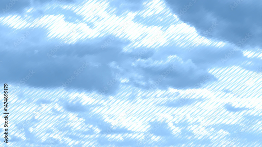 Poster Abstract summer background blue sky with clouds. White halftone clouds vector overlay texture. Halftone dot cloud pattern. Blue sky pixel texture vector background with copy space.