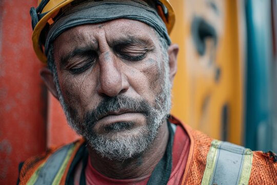 A close-up portrait of a construction worker showing fatigue from a hard day's work.