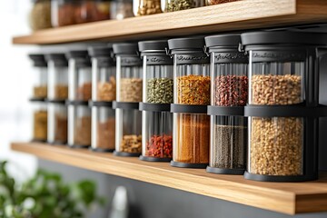 .	Vertical spice shelf with matching clear jars and black lids, labeled in script font 
