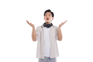 portrait of a young asian man standing posing on white background