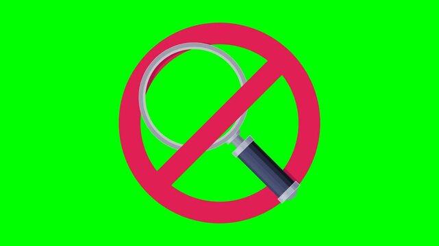 Appearance of a crossed out red circular prohibition symbol on a magnifying glass on green screen with alpha channel in flat design style