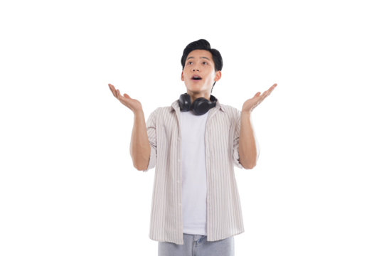 portrait of a young asian man standing posing on white background