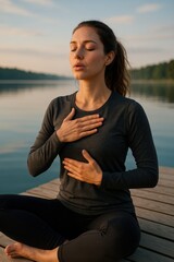 stress management wellbeing routine concept. Woman meditating by a serene lake at sunset.