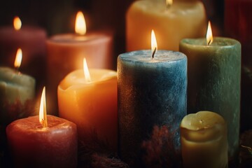 Several lit candles of different colors with flickering flames create a warm and inviting ambiance.