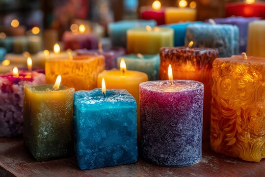 A stunning collection of colorful, burning candles creates a warm and inviting atmosphere.