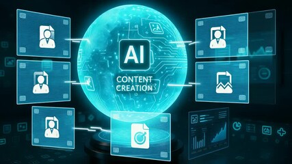 AI Content Creation with Digital Media Files and Holographic Icons Representing Automated Tools, Innovation and Technology

