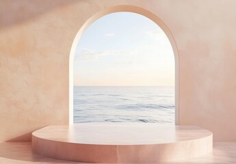 Serene coastal scene viewed through an arched opening, featuring a minimalist platform