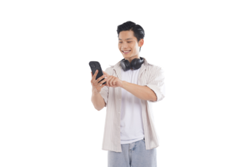 portrait of a young asian man standing posing on white background
