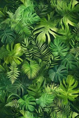 Lush tropical foliage backdrop with various green leaves