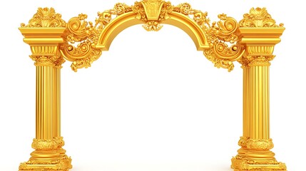 A golden archway with ornate details stands on a white background
