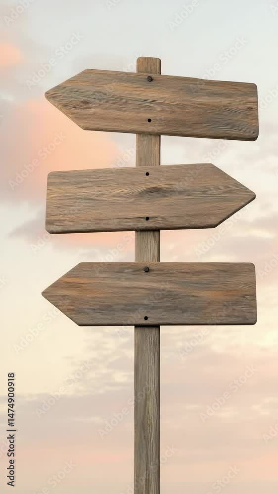 Poster weathered wooden signpost standing at crossroads, multiple directional arrows pointing against drama