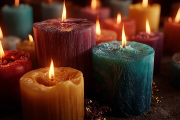 A close-up captures a group of glowing candles, illuminating a cozy, colorful scene.