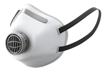 White protective face mask with a built-in valve and adjustable straps designed for safety and filtration on transparent background.