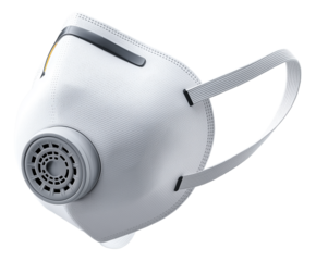 White protective face mask with elastic straps and a built-in air filter valve for enhanced breathability on transparent background.