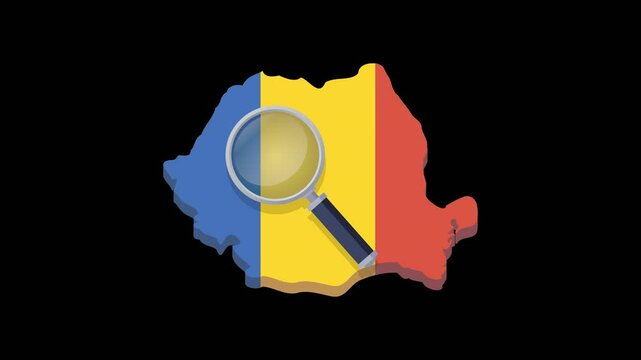 Looped animation of a magnifying glass peering into the 3D map of Romania in the colors of the Romanian flag on transparent background, with alpha channel (flat design)