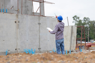 A construction manager in a safety helmet inspects a building site