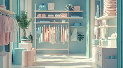 A 3D drawing of a trendy clothing store.  It shows mannequins, clothes on racks, and neatly folded items on shelves.
