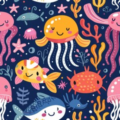 Obraz premium seamless marine pattern with tropical fish, smiling jellyfish, and pink starfish, bright cheerful colors