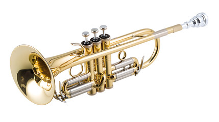 Obraz premium A shiny brass trumpet with silver accents sits horizontally on a white background, spotlighted.