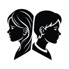 Side profile silhouettes of a boy and a girl facing opposite directions in a clean monochrome artistic design